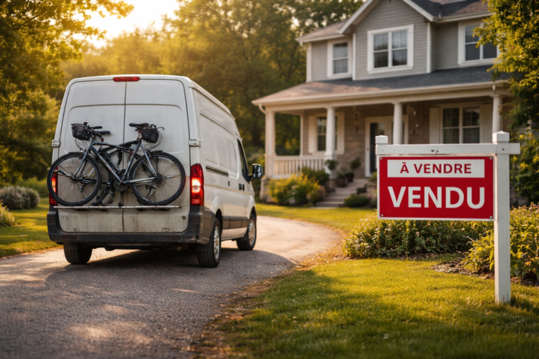 Van devant une maison vendue pour symboliser le choix de tout plaquer