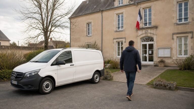 Vito blanc devant une mairie avec une personne qui va se renseigner pour une domiciliation