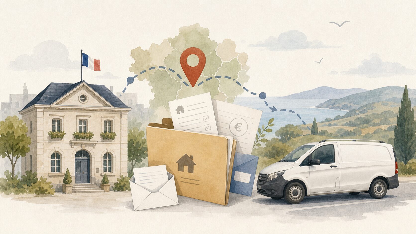 Illustration d’une adresse administrative nomade entre mairie, dossier et van