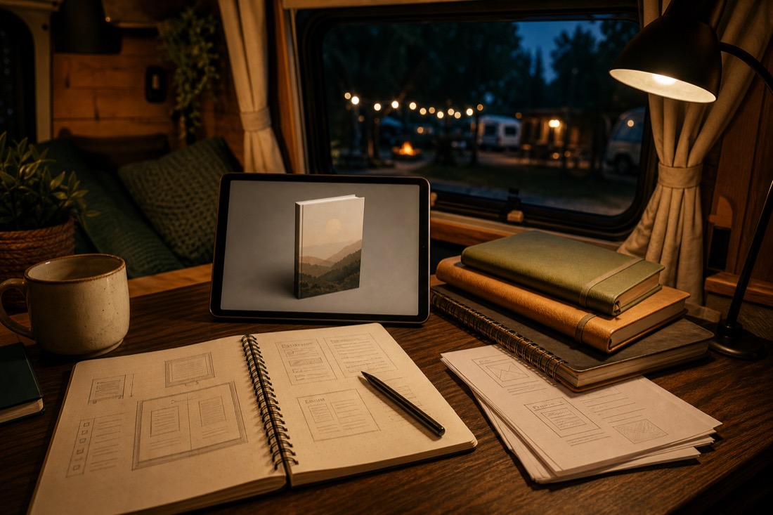 Carnets et tablette dans un van pour préparer un livre pratique à publier en ligne