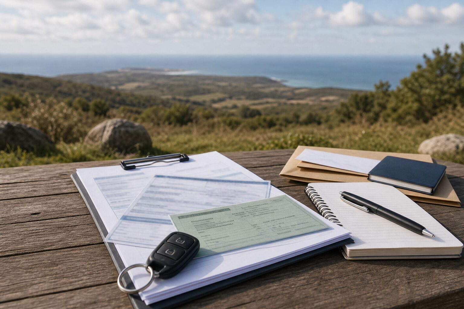 Documents de carte grise et d’assurance posés sur une table avec vue lointaine sur la mer