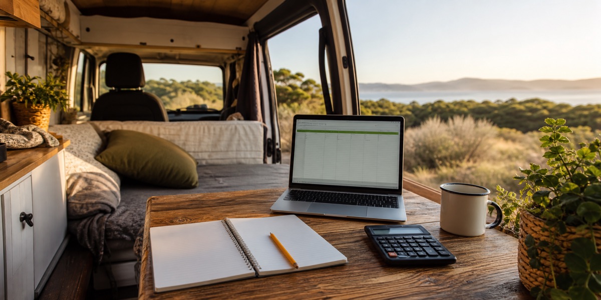 Carnet, calculatrice et ordinateur dans un van pour calculer son budget mensuel