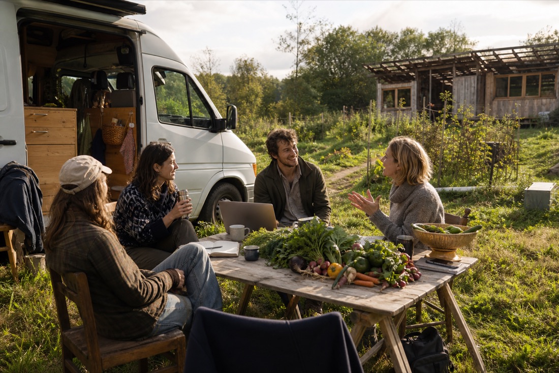 Voyageurs en van échangeant autour d’une table dans une ferme communautaire