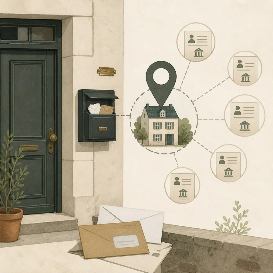 Porte d’entrée avec boîte aux lettres et enveloppes, évoquant l’adresse d’un proche exposée publiquement.