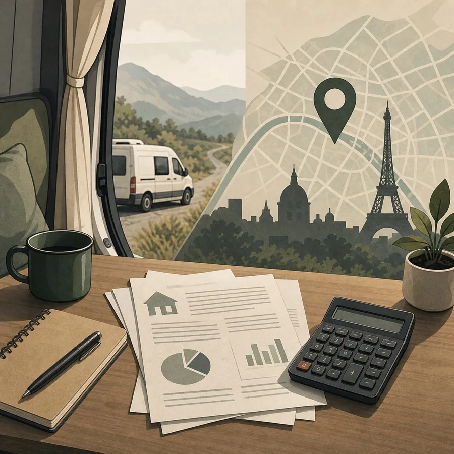 Bureau mobile avec calculatrice, papiers fiscaux, repère de carte et silhouette de van.