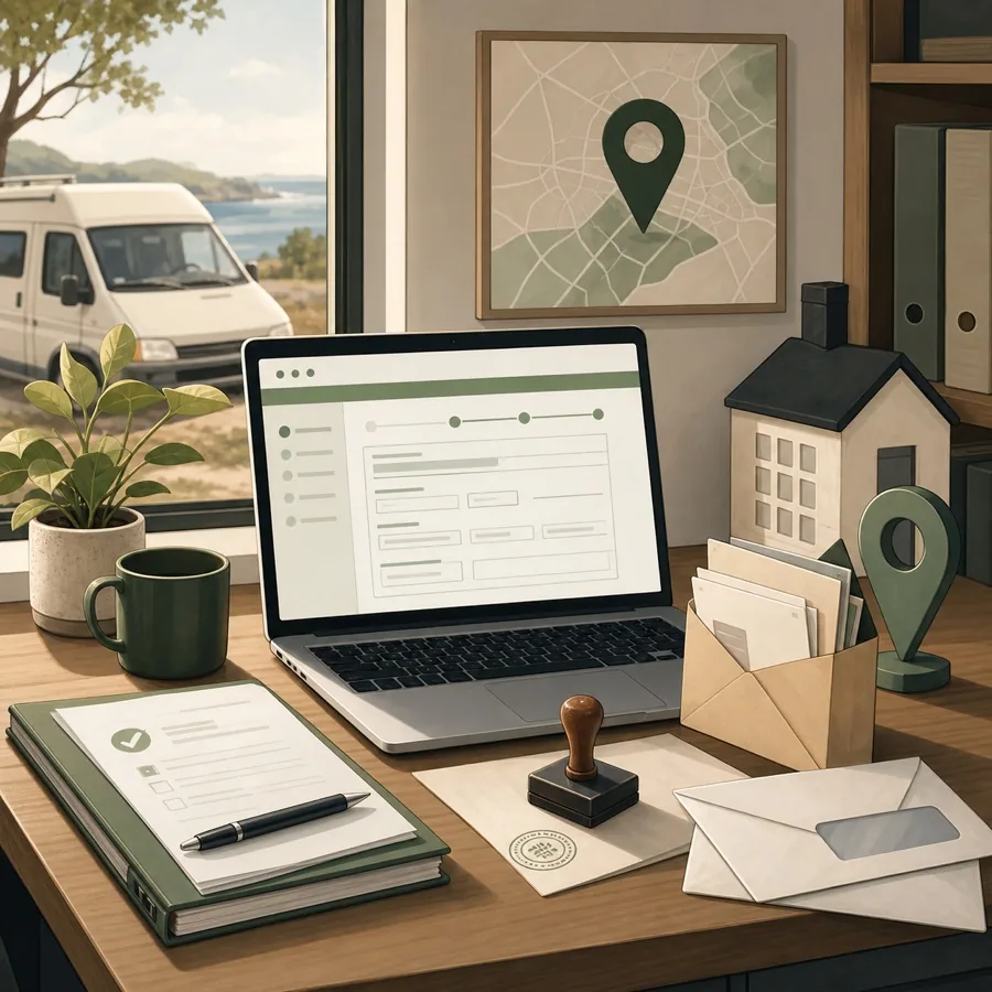 Bureau propre avec ordinateur, enveloppes, tampon administratif et petit van en arrière-plan.