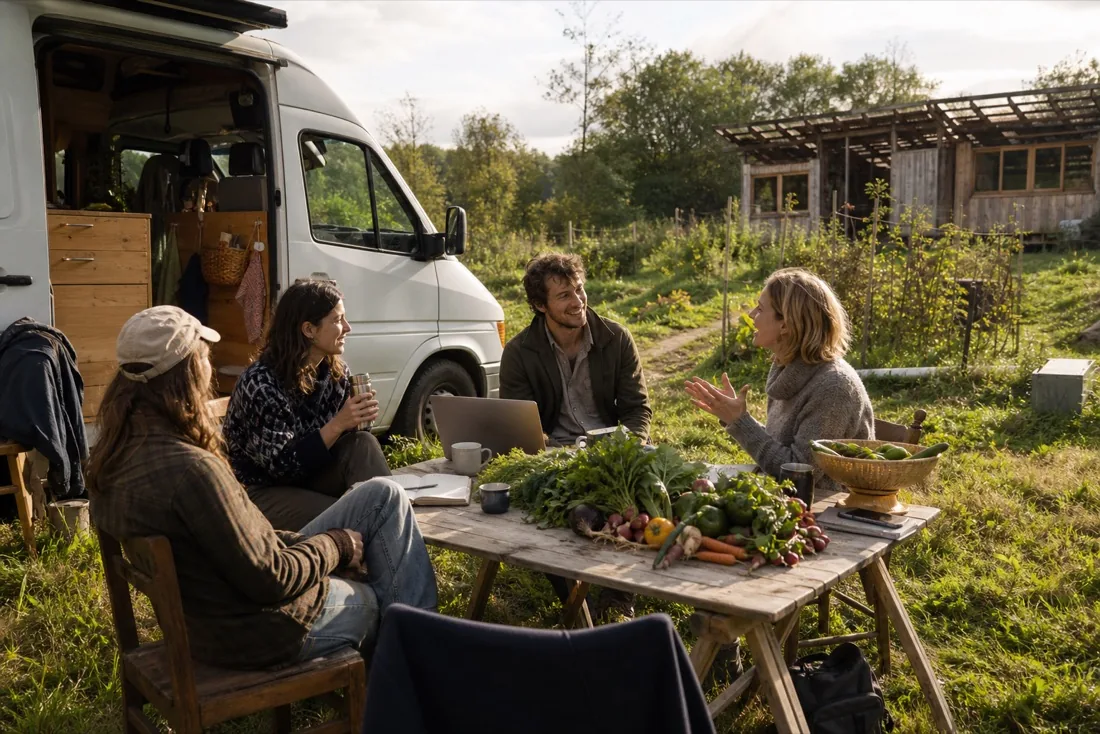 Voyageurs en van échangeant autour d’une table dans une ferme communautaire